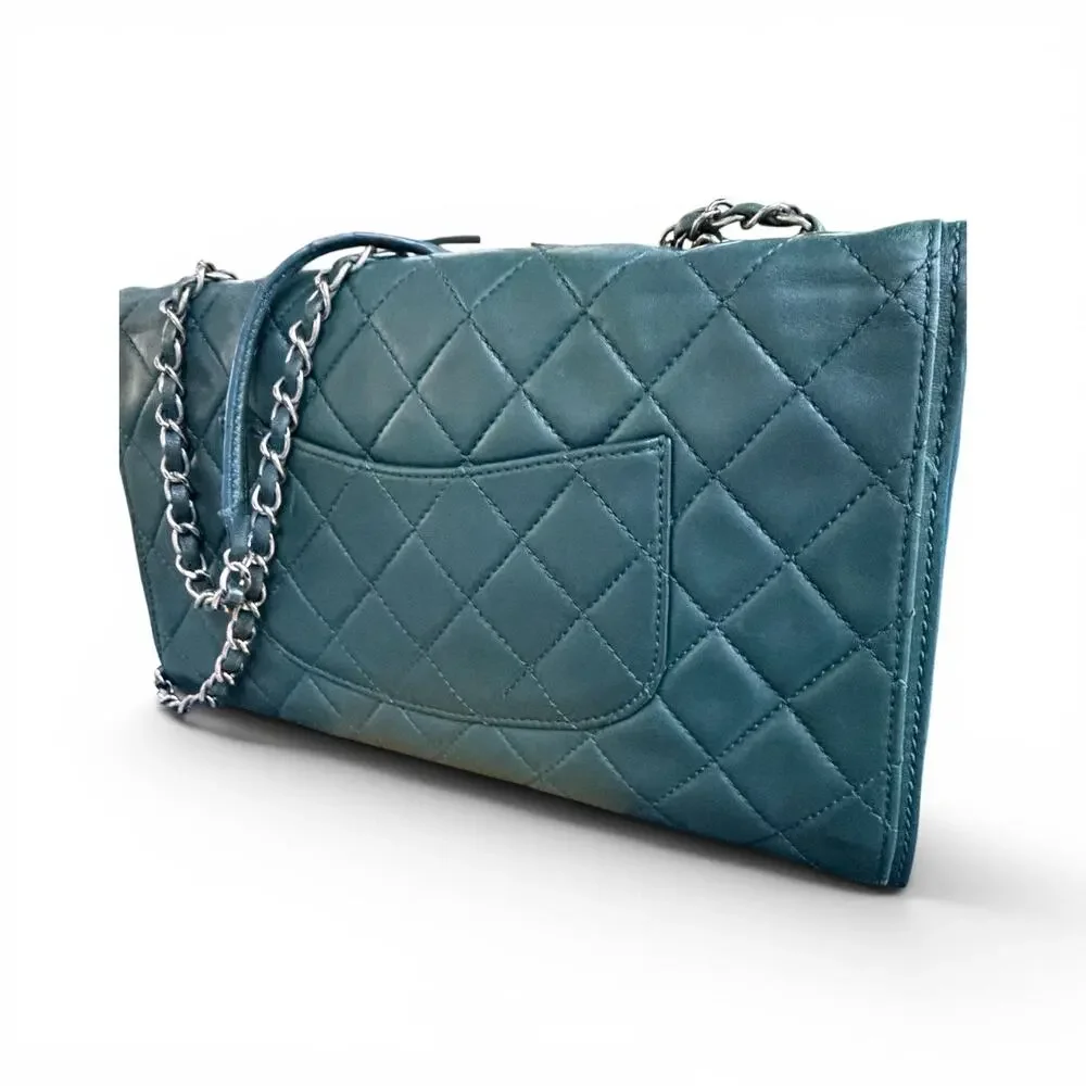 Chanel Classic Flap Jumbo Accordion Dark Green Lambskin Silver Hardware w/ COA